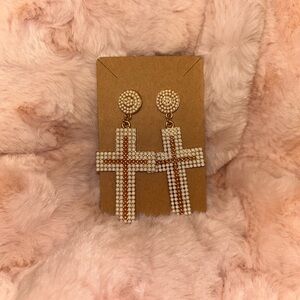 Pearl Cross Beaded Gold Dangle Earrings NWT